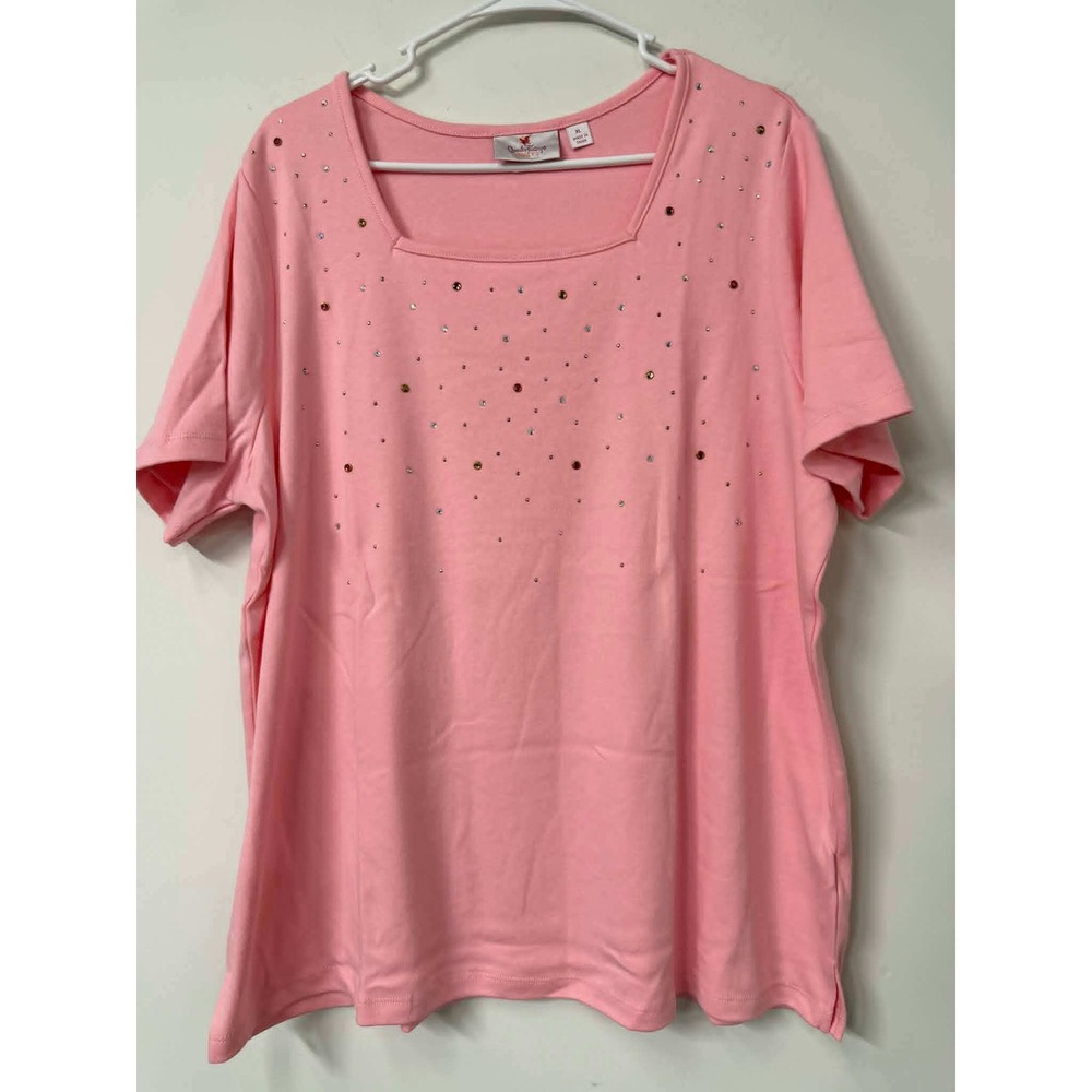 Quacker Factory XL Pink Rhinestone Embellished Square‎ Neck Short Sleeve Top